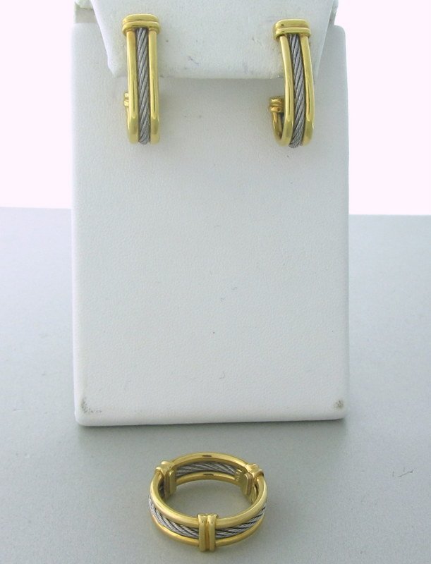 Charriol 18k Gold Steel Cord Earrings Ring Set: Charriol 18k gold and steel half hoop earrings and band ring set. Measurements - earrings are 24mm long x 6.2mm wide. ring size - 7. ring is 6.1mm wide. marks - 750,Charriol hallmark. weight - 14.1 gr