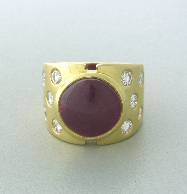 David Webb 18kt Gold Ruby Diamond Ring: Estate David Webb 18k gold ring. gemstones, Cabochon ruby center, 10 diamonds= approx. 0.90- 1.00 ct. tw, G-H color/ VS clarity, finger size 6 1/2, measurements of widest part of ring in cneter, 17mm