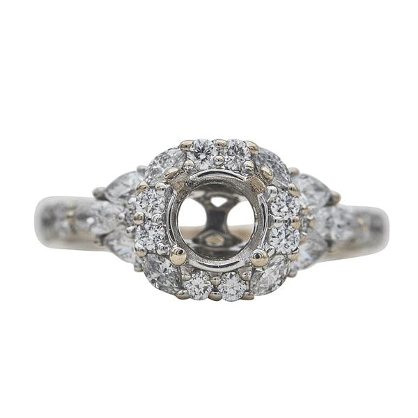 Monique Lhuillier Bliss 18k White Gold Diamond Halo Engagement Ring Setting: Diamonds weighing approx. 1.08 ctw. Ring size 4 3/4, center fits approx. 6.12 - 6.16mm stone. Signed Monique Lhuillier Bliss, XO. Rhodium plating has worn off in areas. 3.3 grams. Gemstones have not b