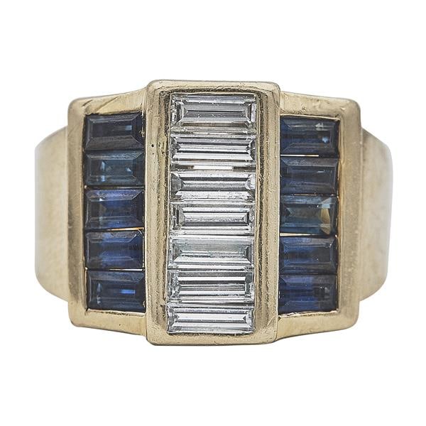 14k Yellow Gold Baguette Shaped Diamond and Sapphire Ring (1 of 3)