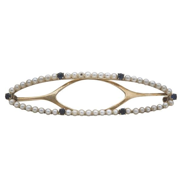 Antique 14k Yellow Gold Cultured Half-Drilled Pearl and Sapphire Barrette Pin (1 of 3)