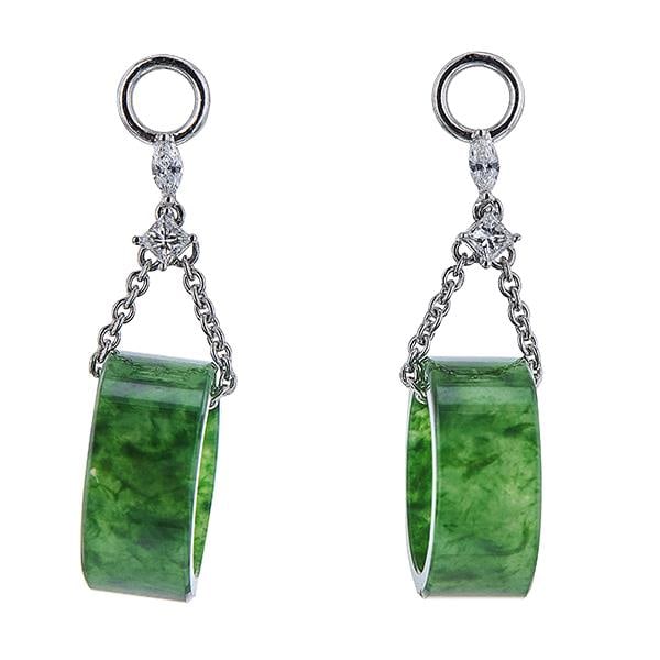 18k White Gold Princess and Marquise Cut Diamond and Jade Loop Earring Jackets (1 of 2)