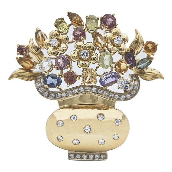 18k Yellow Gold Diamond and Multi Gem-Set Jardinière Brooch Pin (1 of 3)
