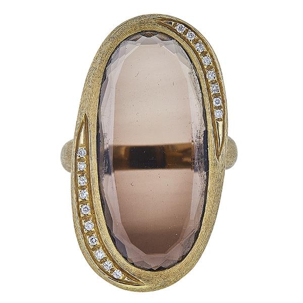 Nanis Brushed 18k Yellow Gold Portrait Cut Smoky Quartz and Diamond Ring (1 of 4)