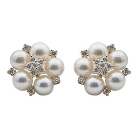 Mikimoto 18k Yellow Gold Diamond and Akoya Pearl Cluster Stud Earrings