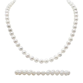 Single Strand 7mm Akoya Pearl Necklace and Bracelet with 14k Yellow Gold Clasps
