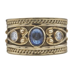 18k Yellow Gold Sapphire Cabochon and Diamond Band Ring
