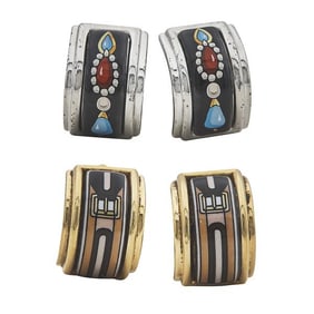Set 2 Hermes Silver and Gold Toned Base Metal Enamel Earrings