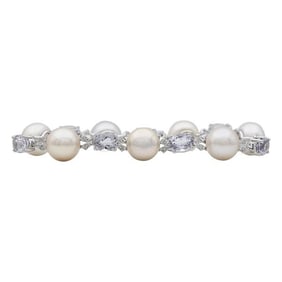 18k White Gold Freshwater Pearl, Rose Quartz and Diamond Bracelet