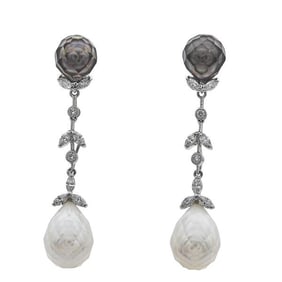 18k White Gold Faceted Tahitian and Freshwater Pearl and Diamond Drop Earrings