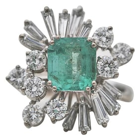 18k White Gold Emerald and Diamond Asymmetrical Ballerina Ring