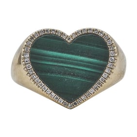 14k Yellow Gold Heart-Shaped Malachite and Diamond Signet Ring