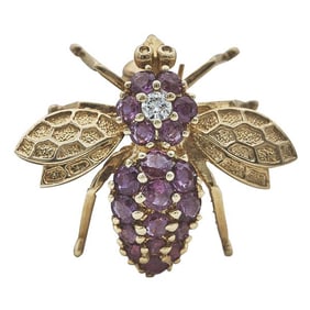 18k Yellow Gold Ruby and Diamond Bee Brooch Pin