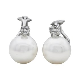 Attributed to Assael 18k White Gold 12.8mm South Sea Pearl and Diamond Earrings
