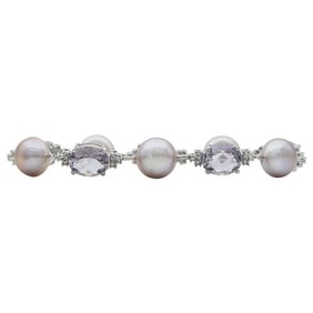 18k White Gold Pink Freshwater Pearl, Amethyst and Diamond Bracelet