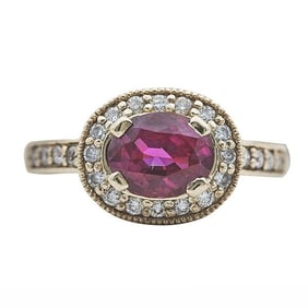 14k Yellow Gold Oval-Shaped Natural Burmese Heated Ruby and Diamond Halo Ring
