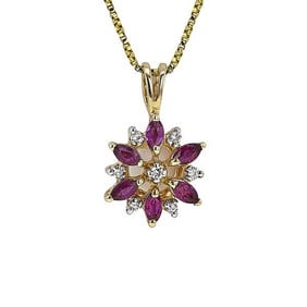 14k Yellow Gold Ruby and Diamond Cluster Pendant Necklace