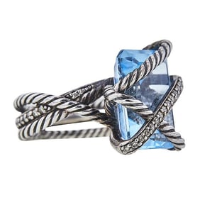 David Yurman Cable Wrap Sterling Silver Sky Blue Topaz and Diamond Ring