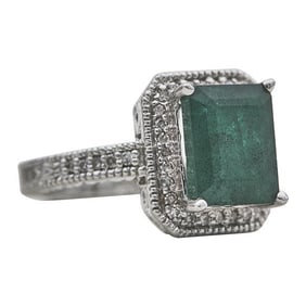 14k White Gold Emerald and Diamond Halo Ring