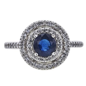 14k White Gold Sapphire and Diamond Double Halo Ring