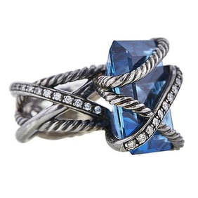 David Yurman Cable Wrap Sterling Silver Hampton Blue Topaz and Diamond Ring