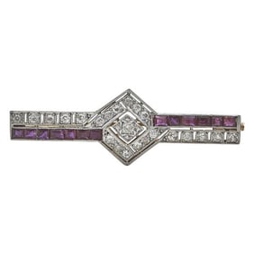 18k Yellow Gold and Platinum Diamond and Ruby Geometric Brooch Pin