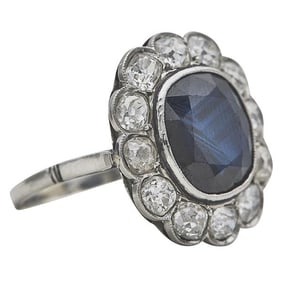 Platinum Sapphire and Old Mine Cut Diamond Ring