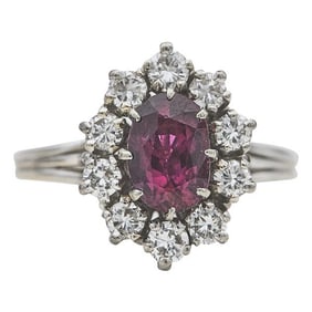 18k White Gold Ruby and Diamond Halo Cluster Ring