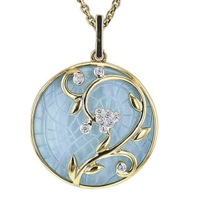 18k Yellow Gold Aquamarine, Mother-of-Pearl and Diamond Medallion Pendant Necklace