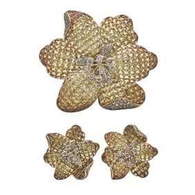 Yvel Yellow and Orange Sapphire and Light Brown Diamond Flower Earrings and En Tremblant Brooch