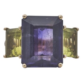 18k Rose Gold Amethyst, Peridot and Diamond Three Stone Ring