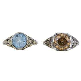 Set of 2 18k White Gold Blue and Brown Zircon Rings