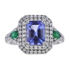 14k White Gold Tanzanite, Emerald and Diamond Double Halo Ring