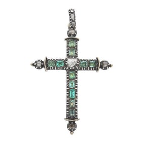 Antique 18k Yellow Gold and Silver Diamond and Emerald Cross Pendant