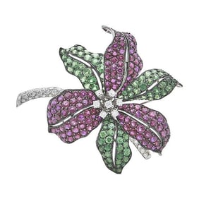 18k White Gold Diamond, Ruby and Demantoid Garnet Flower Brooch Pin