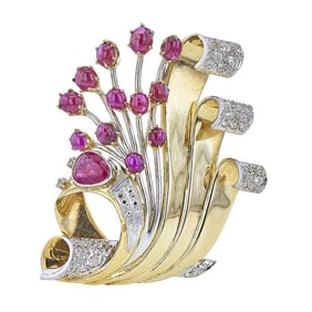 Retro 14k Yellow Gold and Platinum Ruby and Diamond Spray Brooch Pin