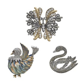 Set of 3 18k Yellow and White Gold Colorless Diamond, Yellow Diamond, Emerald and Enamel Animal