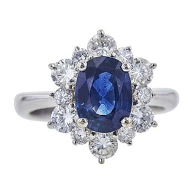 18k White Gold Sapphire and Diamond Halo Cluster Ring