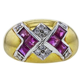 18k Yellow Gold Ruby and Diamond Dome Band Ring