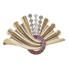 Retro 18k Yellow Gold and Platinum Diamond, Cultured Pearl and Synthetic Ruby Fan Brooch