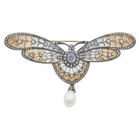 18k Yellow Gold and Silver Plique-à-jour Enamel, Diamond, Sapphire and Freshwater Pearl