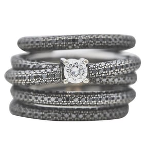 18k White Gold Pavé-Set Black Diamond and Colorless Diamond 5 Row Crossover Band Ring
