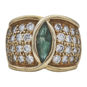18k Yellow Gold Marquise-Shaped Emerald and Diamond Band Ring