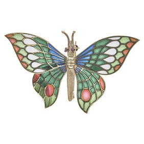 18k Yellow Gold Plique-à-Jour Enamel and Ruby Butterfly Insect Posable Brooch Pin