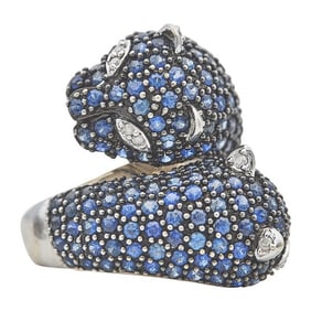 18k White Gold Sapphire and Diamond Double Panther Ring