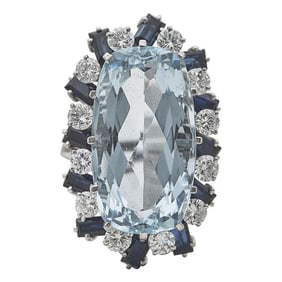 18k White Gold Elongated Cushion-Shaped Aquamarine, Diamond and Sapphire Ring