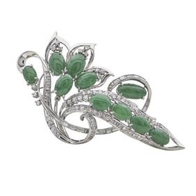 14k White Gold Jade and Single and Baguette-Cut Diamond Floral Brooch Pin