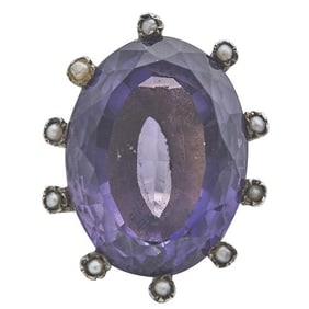 14k Yellow Gold and Silver Amethyst and Seed Pearl Ring