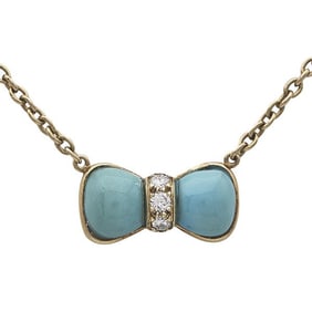 Vintage Van Cleef & Arpels 18k Yellow Gold Turquoise and Diamond Bow Pendant Necklace