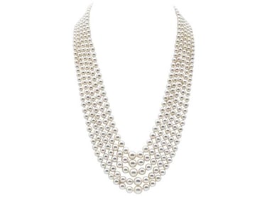 Japanese Akoya Cultured Pearl 5-Row Nested 19 inch Necklace with 18k Yellow Gold and Diamond Clasp